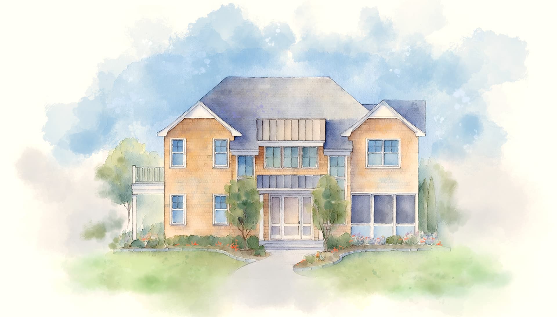 A watercolor illustration of a two-story brick house surrounded by greenery and flowers.