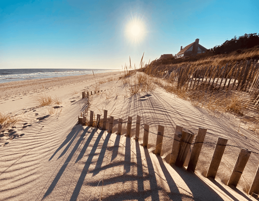 A sandy beach with wooden fences, tall grasses, and a bright sun in a clear blue sky.